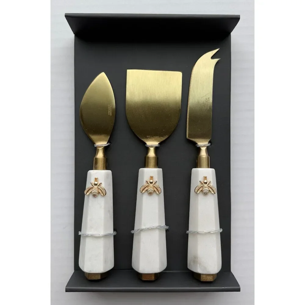Williams Sonoma Marble Honeycomb Cheese Knife Set of 3 Gold Bee